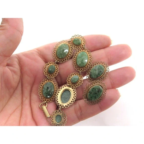 Vintage BEAU STERLING Signed Gold Vermeil Filigree Jade Cab Bracelet & Earrings